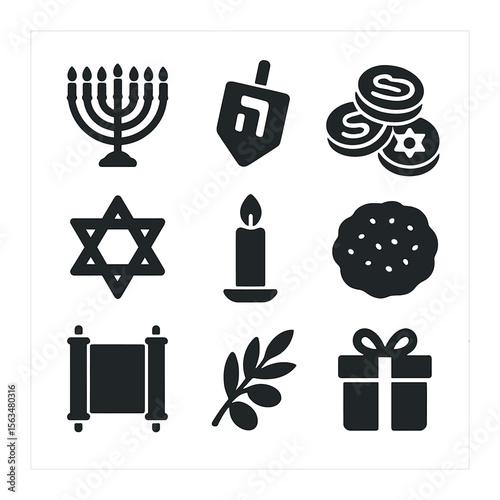 Hanukkah Icon Set. Solid, filled icons set of Hanukkah events: menorah, dreidel, gelt coins, star of David,