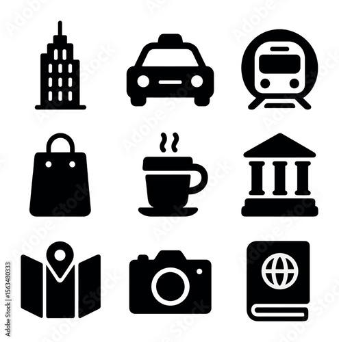 City Tourism Icons. Solid, filled icons set of city tourism: skyscraper, taxi, subway, shopping bag, coffee