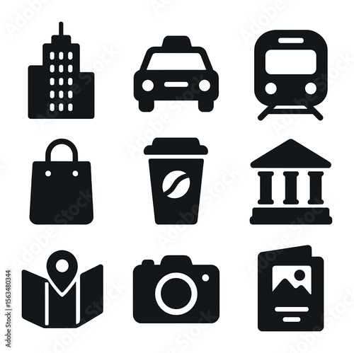 City Tourism Icons. Solid, filled icons set of city tourism: skyscraper, taxi, subway, shopping bag, coffee