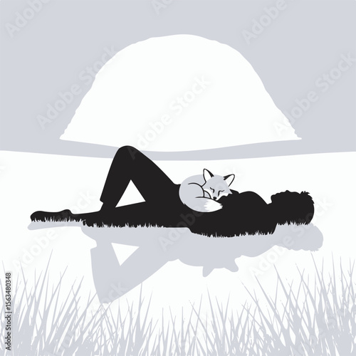 Serene illustration depicting a sleeping fox embracing a person's chest on a calm background