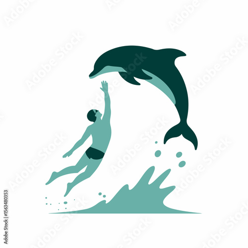Illustration of a swimmer interacting with a playful dolphin against a clean white background