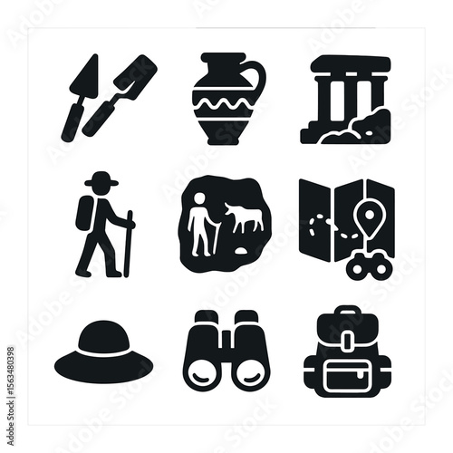 Archaeological Icons Grid. Solid, filled icons set of archaeological site tour: excavation tools, ancient