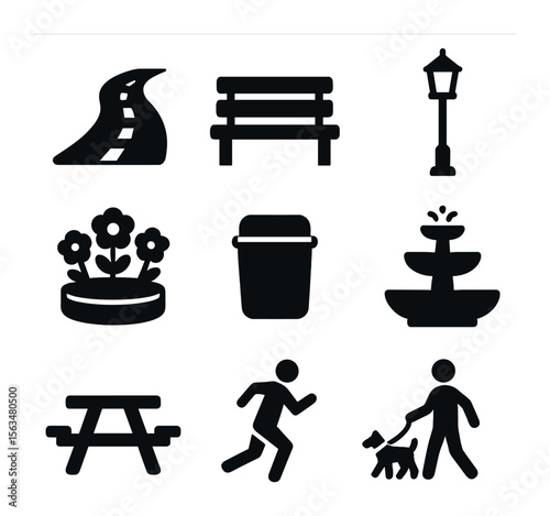 Park Pathway Icons. Solid, filled icons set of park pathways: paved walkway, park bench, lamppost, flower bed,
