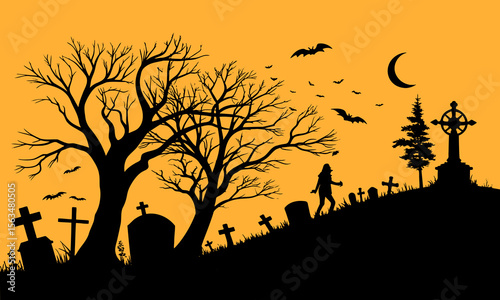 Halloween Graveyard Scene Silhouette Illustration