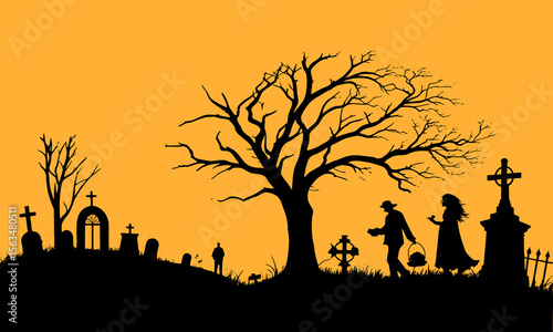Halloween Graveyard Scene Silhouette Illustration