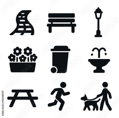 Park Pathway Icons. Solid, filled icons set of park pathways: paved walkway, park bench, lamppost, flower bed,