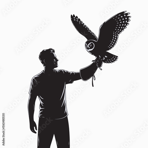 Silhouette of a man handling an owl in flight a stunning black and white illustration against a white background