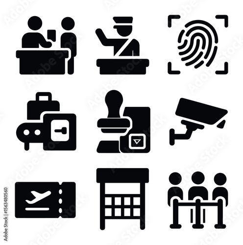 Immigration Checkpoint Icons. Solid, filled icons set of immigration checkpoints: passport control, customs