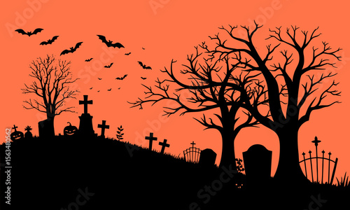 Halloween Graveyard Scene Silhouette Illustration