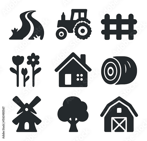 Rural Icons Grid. Solid, filled icons set of rural lanes: dirt road, tractor, wooden fence, wildflowers,