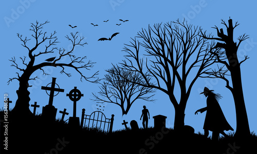 Halloween Graveyard Scene Silhouette Illustration