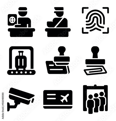 Immigration Checkpoint Icons. Solid, filled icons set of immigration checkpoints: passport control, customs