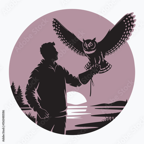 Silhouette of a falconer with a great horned owl sunset scene wildlife illustration vector art
