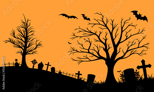 Halloween Graveyard Scene Silhouette Illustration