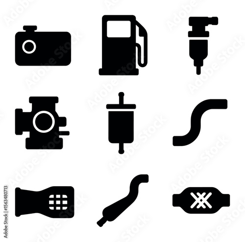 Car Fuel System Icons. Solid, filled icons set of car fuel systems: fuel tank, fuel pump, fuel injector,