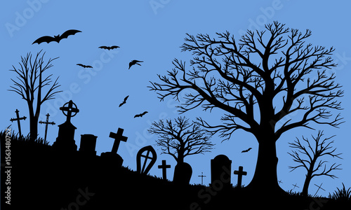 Halloween Graveyard Scene Silhouette Illustration