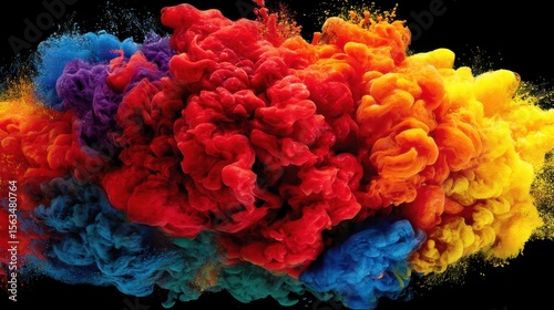 Colorful powder explosion with vibrant hues creating dynamic cloud on black background