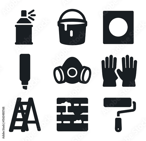 Graffiti Tools Icons. Solid, filled icons set of graffiti tools and materials: spray can, paint bucket,