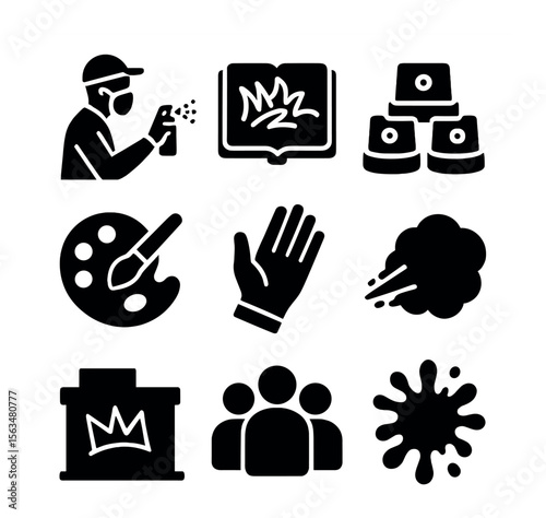 Graffiti Artist Icons. Solid, filled icons set of graffiti artists and activities: artist spray painting,