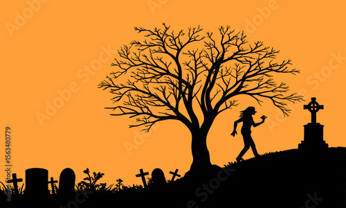 Halloween Graveyard Scene Silhouette Illustration