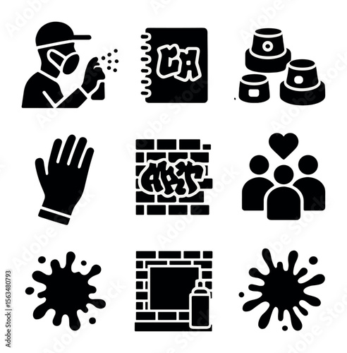 Graffiti Artist Icons. Solid, filled icons set of graffiti artists and activities: artist spray painting,