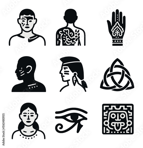 Global Body Art Icons. Solid, filled icons set of global body art traditions: Polynesian tattoos, Japanese