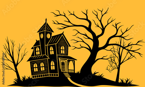 Halloween Haunted House Silhouette Illustration