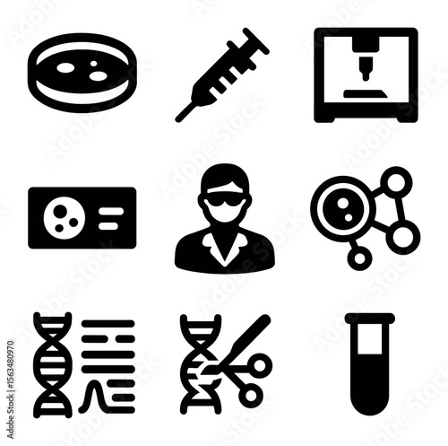 Regenerative Medicine Icons. Solid, filled icons set of regenerative medicine tools: petri dish, syringe,