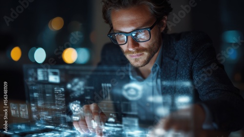 Young Professional Analyzing Data on Modern Laptop with Futuristic Interface and Soft Lighting in Contemporary Office Space