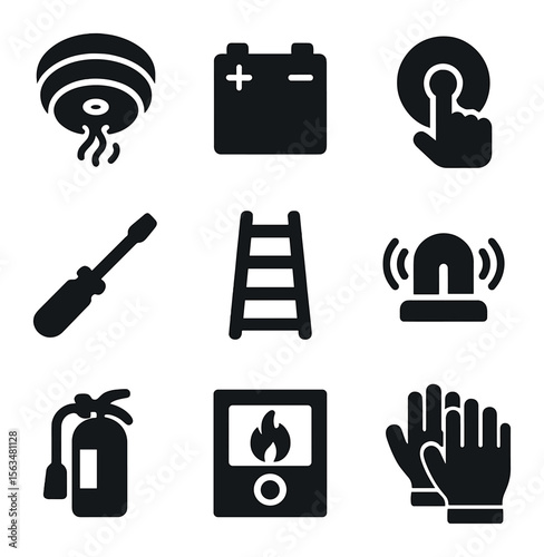 Safety Equipment Icons. Solid, filled icons set of checking smoke detector: smoke detector, battery, test
