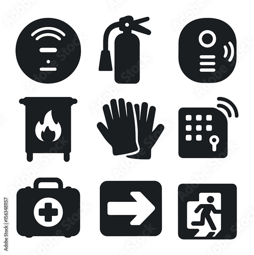 Household Safety Icons. Solid, filled icons set of household safety devices: smoke detector, fire extinguisher