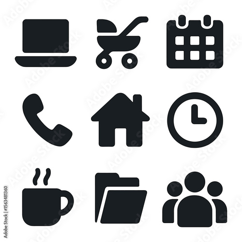 Multitasking Icons Grid. Solid, filled icons set of multitasking work and family: laptop, baby stroller,