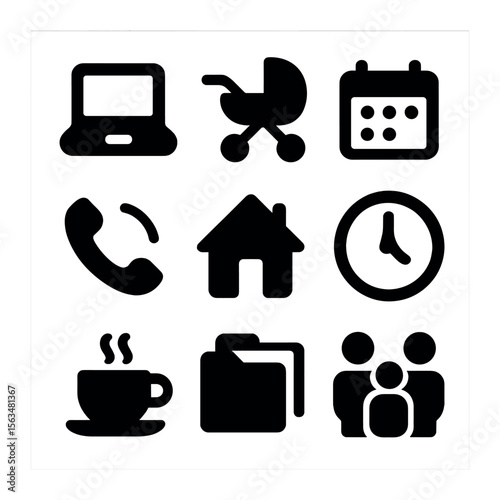 Multitasking Icons Grid. Solid, filled icons set of multitasking work and family: laptop, baby stroller,