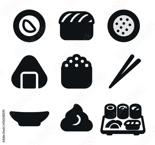 Sushi Icon Set. Solid, filled icons set of sushi rolls: avocado slice, salmon, rice ball, seaweed wrap,