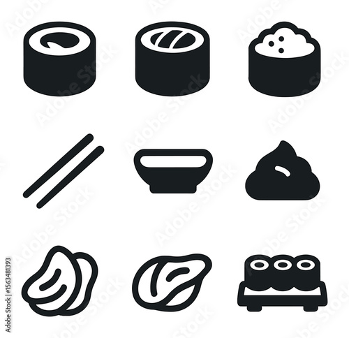 Sushi Icon Set. Solid, filled icons set of sushi rolls: avocado slice, salmon, rice ball, seaweed wrap,