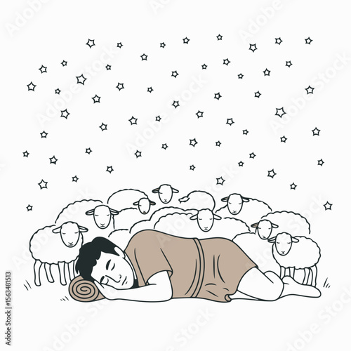 A man asleep dreaming of sheep and stars depicting count sheep concept for relaxation and sleep