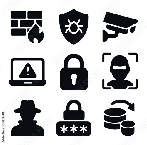 Cybersecurity Icon Grid. Solid, filled icons set of threat prevention: firewall, antivirus, security camera,