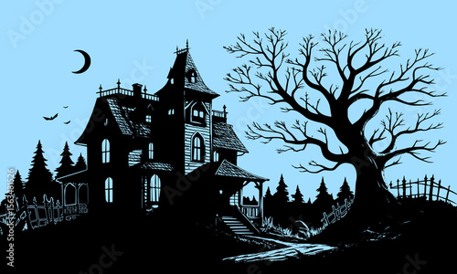 Halloween Haunted House Silhouette Illustration