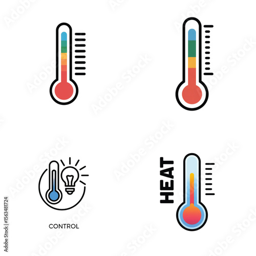 Thermometer icons displaying heat levels in various designs  