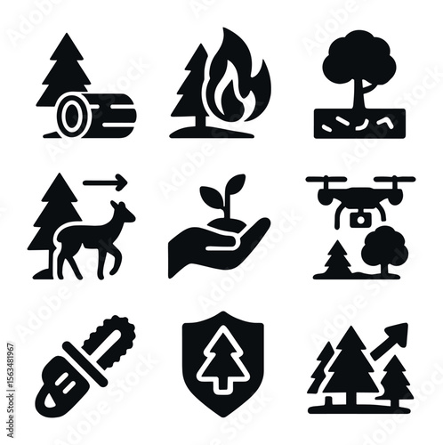 Forest Conservation Icons. Solid, filled icons set of forest conservation challenges: logging, forest fire,