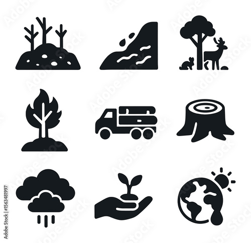 Deforestation Impact Icons. Solid, filled icons set of deforestation consequences: bare land, soil erosion,