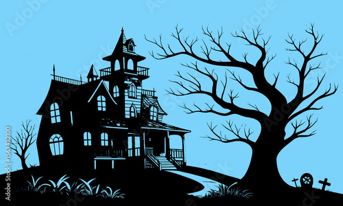 Halloween Haunted House Silhouette Illustration