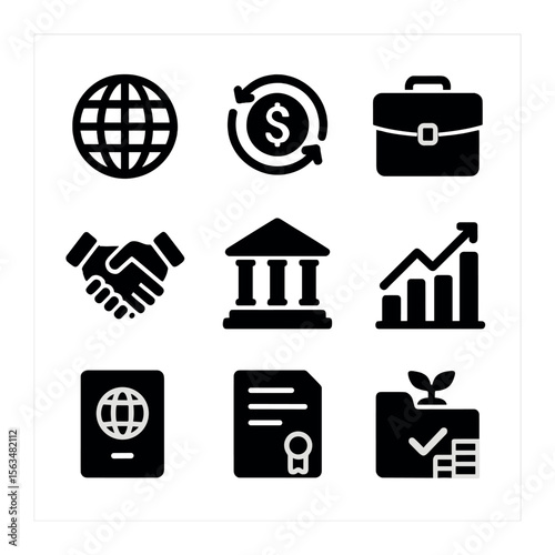 Foreign Investment Icons. Solid, filled icons set of foreign investment: globe, currency exchange, briefcase,