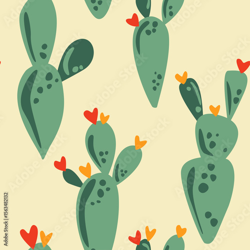 Seamless pattern with cactus blossoming with orange and red hearts on yellow background, cute illustration could be used as wallpaper, print, card, paper, fabric, texture