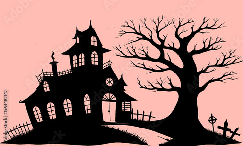 Halloween Haunted House Silhouette Illustration