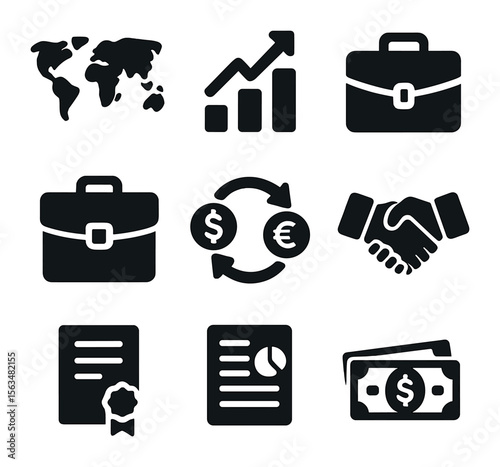 Global Investment Icons. Solid, filled icons set of global investment strategies: world map, growth chart,