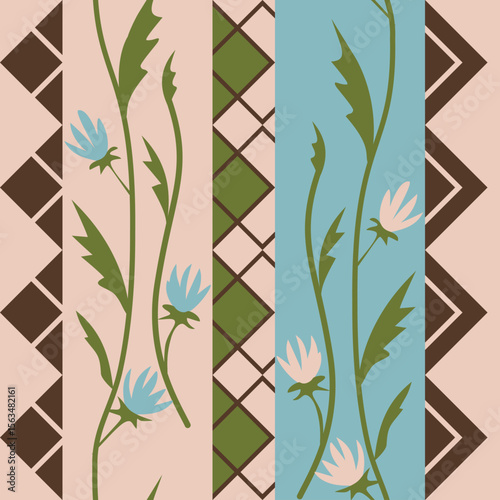 Seamless floral pattern with geometric shapes. White and blue flowers with green leaves on light pink background with  brown and green squares. Could be used as print, texture, wallpaper, cover, paper
