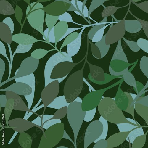 Seamless pattern with different shapes of green  leaves, negative space background painting. Could be used as print, texture, wallpaper, card, tag.