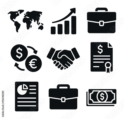 Global Investment Icons. Solid, filled icons set of global investment strategies: world map, growth chart,