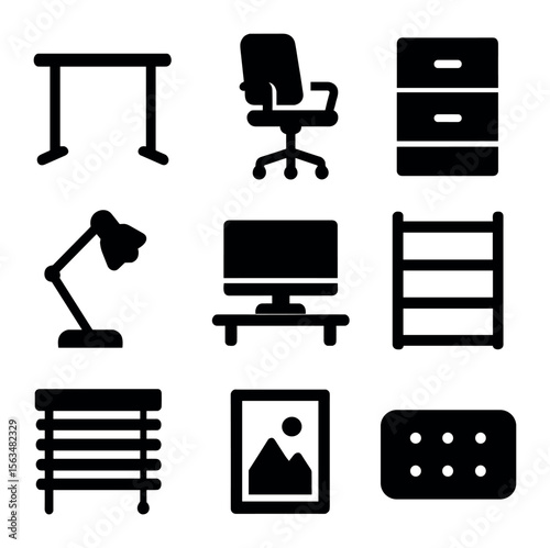 Modern Home Office Icons. Solid, filled icons set of modern home office furniture: standing desk, swivel chair